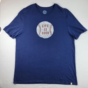 Life Is Good Baseball Blue T-SHIRT Mens Size L Short Sleeves White Red Ball